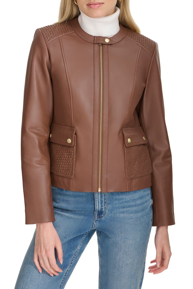 Woven Detail Leather Jacket, Alternate, color, HICKORY
