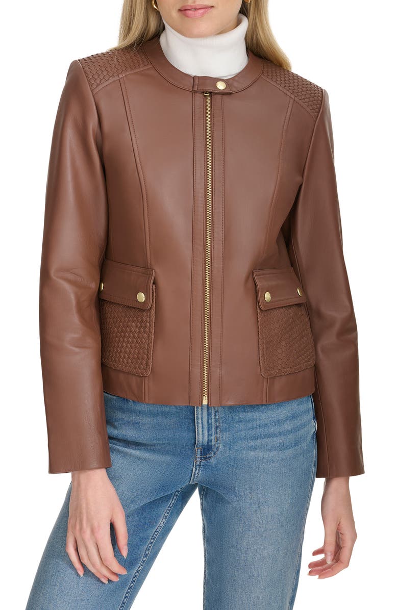 Cole Haan Woven Detail Leather Jacket, Alternate, color, Hickory