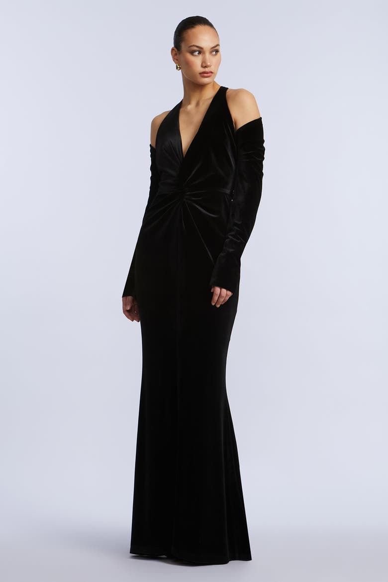 Long Sleeve Halter Velvet Gown, Alternate, color, Black