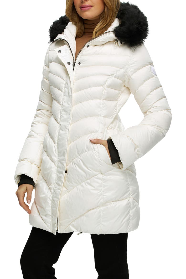 Apres-Ski Chevron Long Parka with Detachable Toscana Lamb Hood Trim, Alternate, color, Ivory/Black