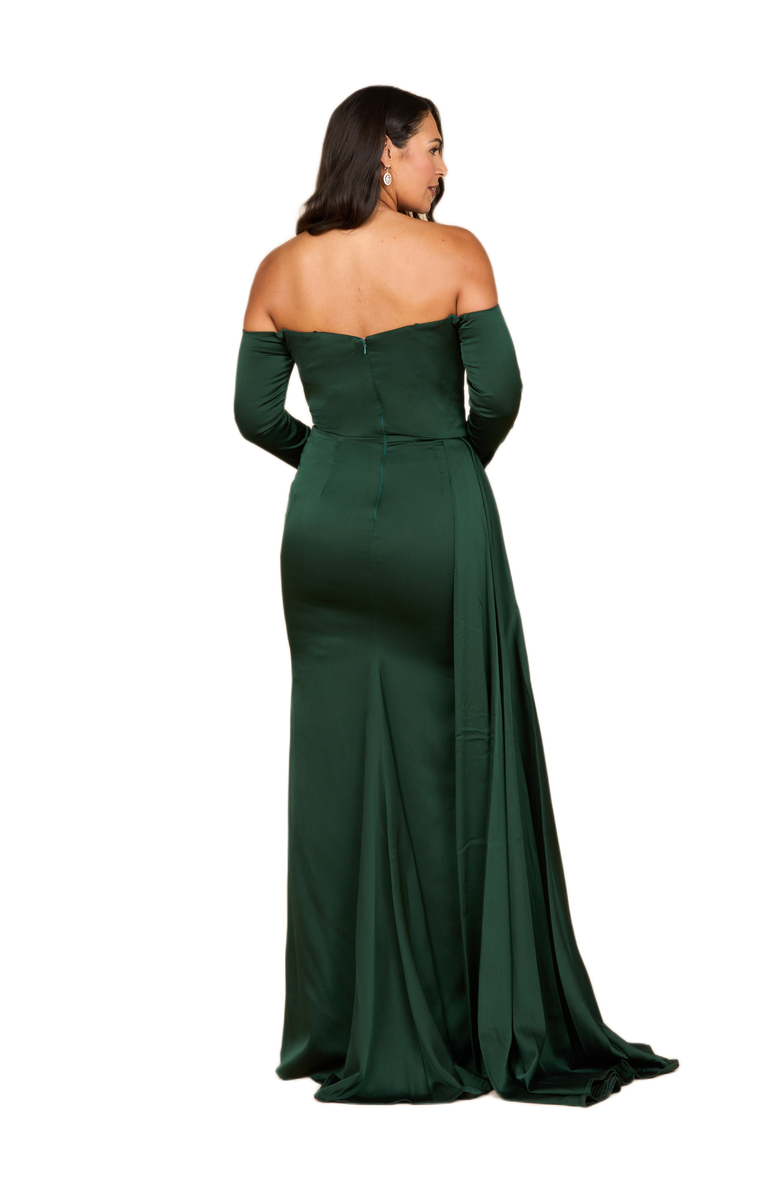 LARA New York Off Shoulder Satin Dress with Beaded Details, Alternate, color, Dark Green