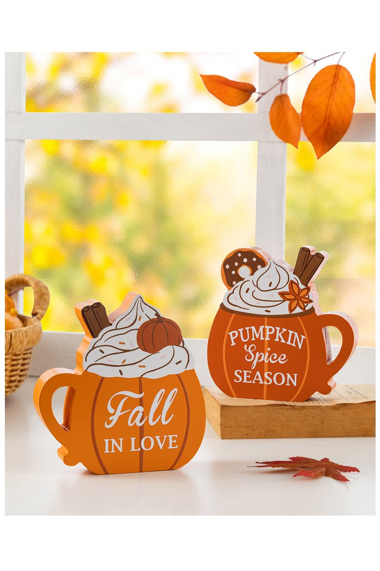Set of 2 Patriotic Americana or Fall Wooden Coffee Cup Table Decor, Alternate, color, Orange