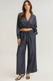 Modenaire Relaxed Drawstring Wide-Leg Collared Lounge Set