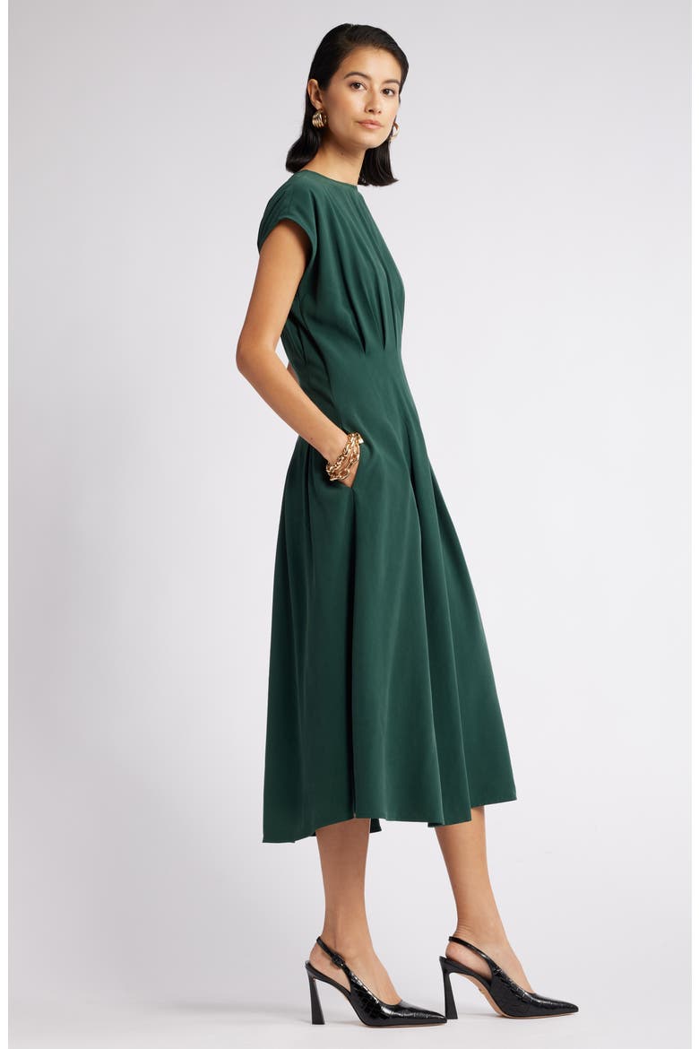 Pleated A-Line Dress, Main, color, GREEN PARK