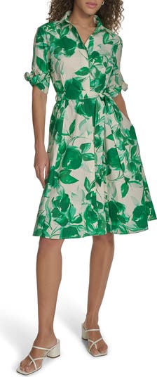 カルバンクライン Floral Cap Sleeve Cotton Shirtdress Calvin Klein Floral Short Sleeve Cotton Shirtdress