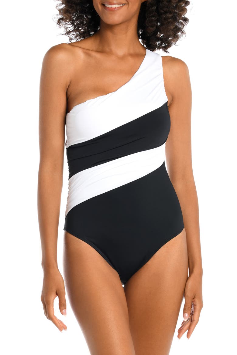 Island Goddess Ruched Colorblock One-Shoulder One-Piece Swimsuit, Main, color, BLACK