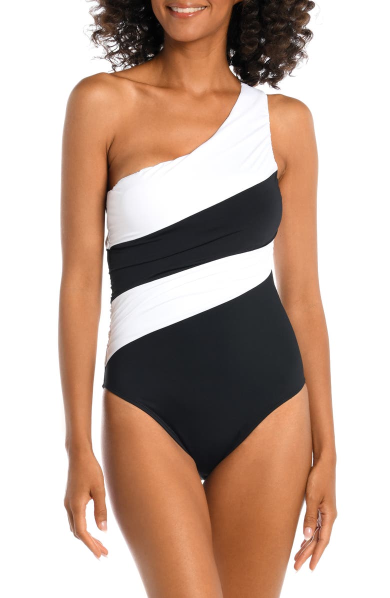 La Blanca Island Goddess Ruched Colorblock One-Shoulder One-Piece Swimsuit, Main, color, Black
