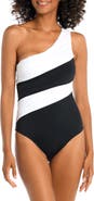 La Blanca Island Goddess Ruched Colorblock One-Shoulder One-Piece Swimsuit