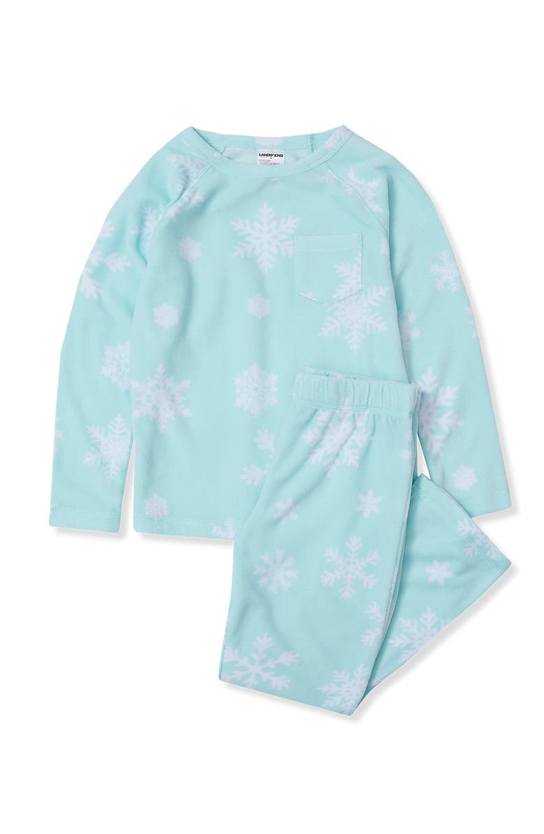 Lands' End Kids Long Sleeve Pocket Fleece Pajama Set, Main, color, Aqua Snowflakes