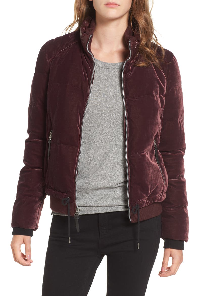 Vita Down & Feather Fill Quilted Velvet Jacket, Main, color, BURGUNDY