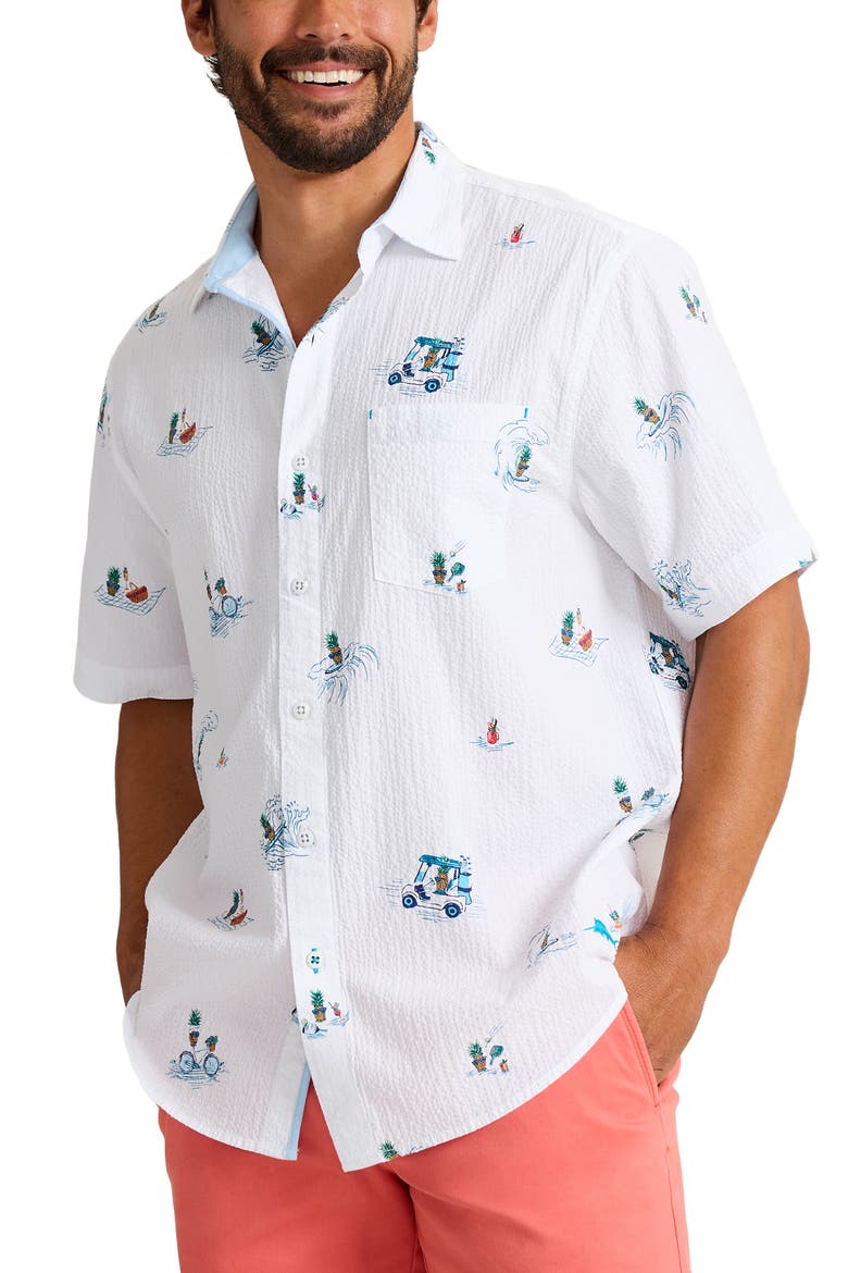 Nova Wave Pineapple Pete Short Sleeve Seersucker Button-Up Shirt, Main, color, WHITE