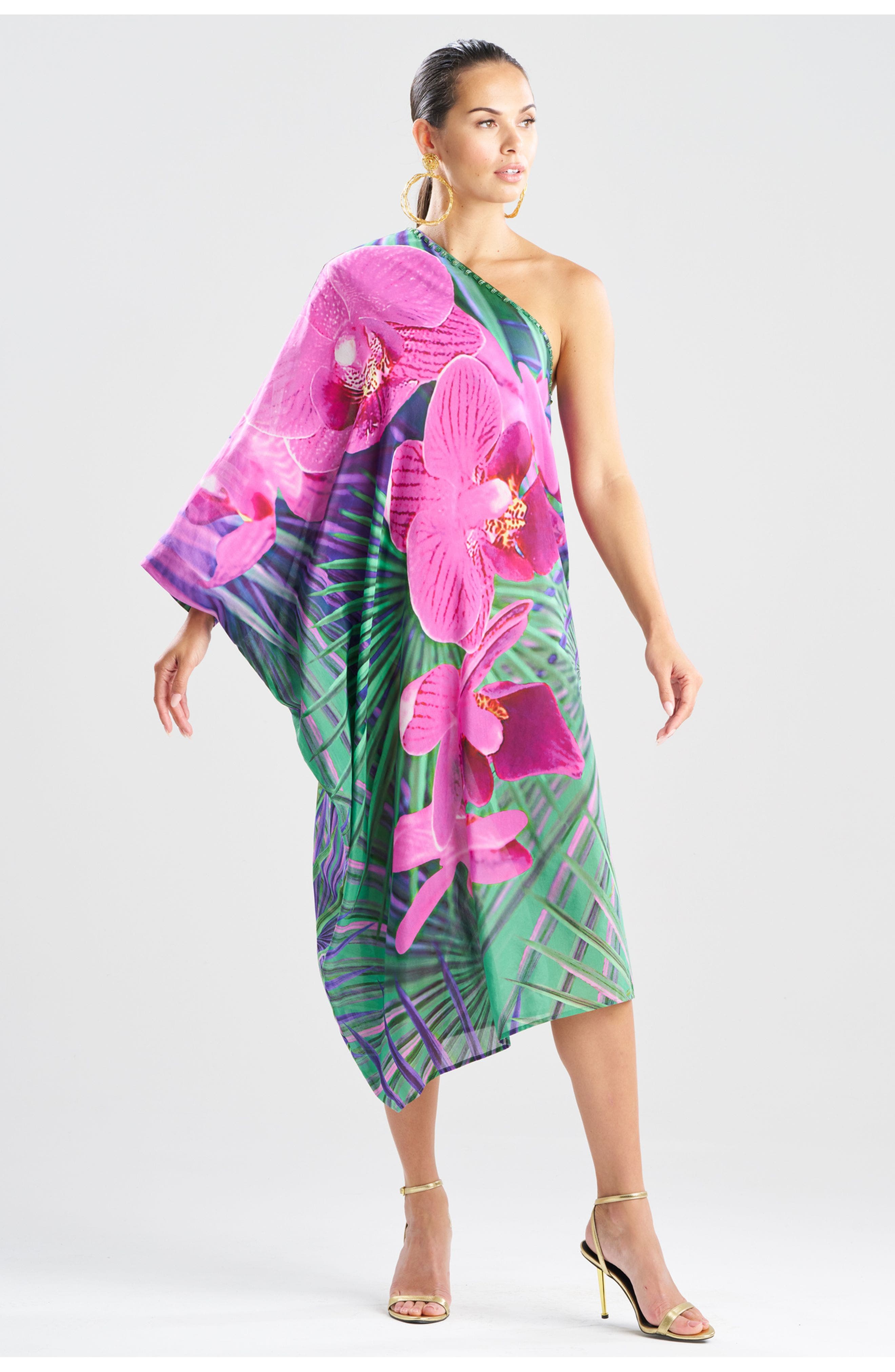 Orchid Silk Cotton Voile One Shoulder Caftan w/ Beading