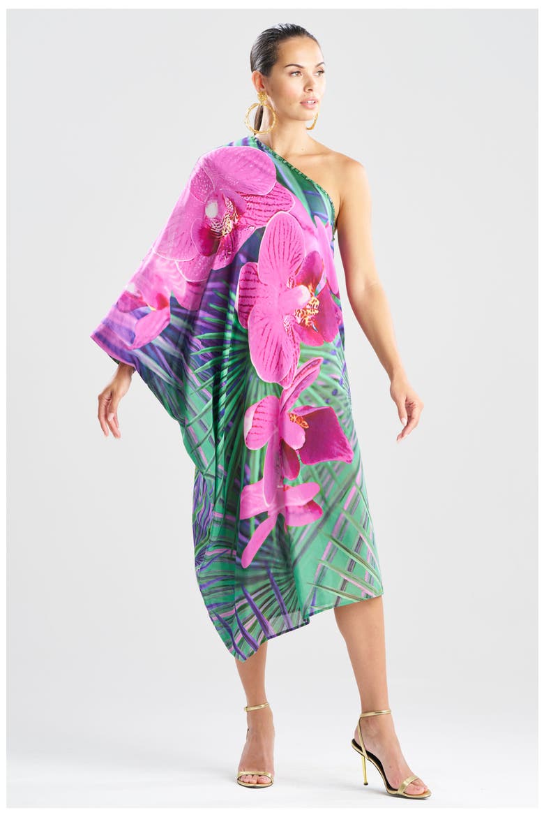 Orchid Silk Cotton Voile One Shoulder Caftan w/ Beading, Main, color, MULTI