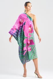 Natori Orchid Silk Cotton Voile One Shoulder Caftan w/ Beading
