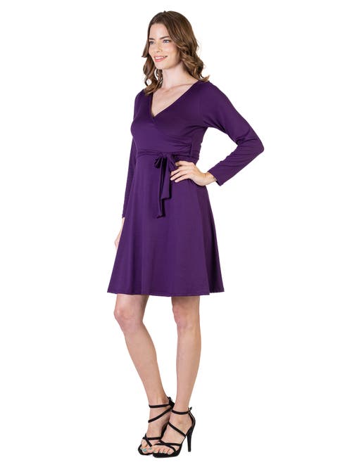 24seven Comfort Apparel Chic V-neck Long Sleeve Belted Dress In Purple