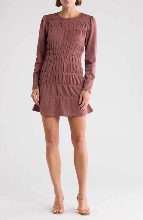 Metallic Long Sleeve Shirred Minidress