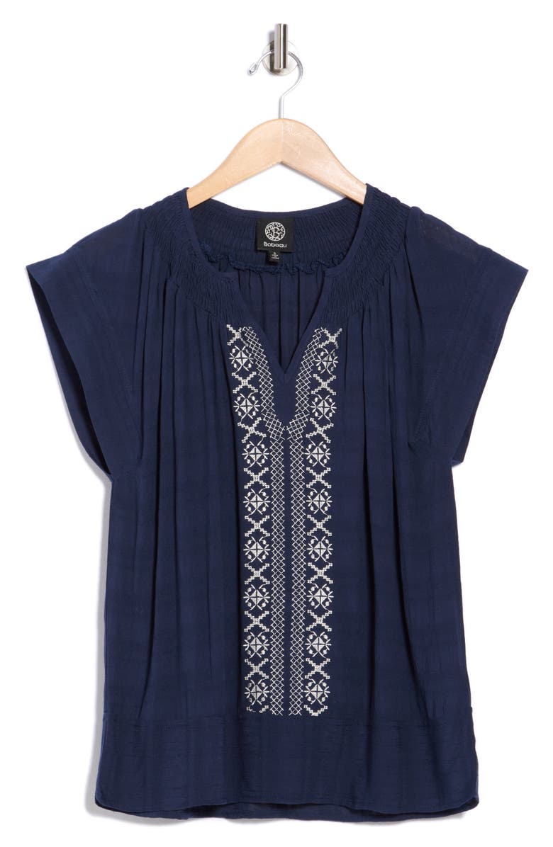 Bobeau Embroidered Flutter Sleeve Top, Alternate, color, Navy/ Sand