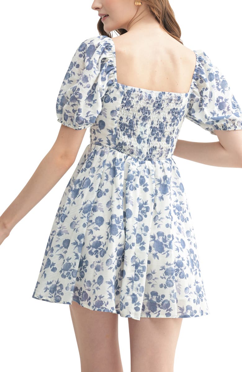 All in Favor Floral Pleat Detail Minidress, Alternate, color, White Blue Floral