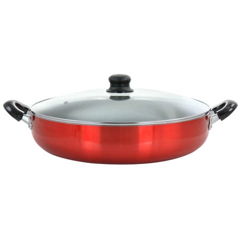 14 Inch Red Aluminum Deep Fryer Pan with Glass Lid