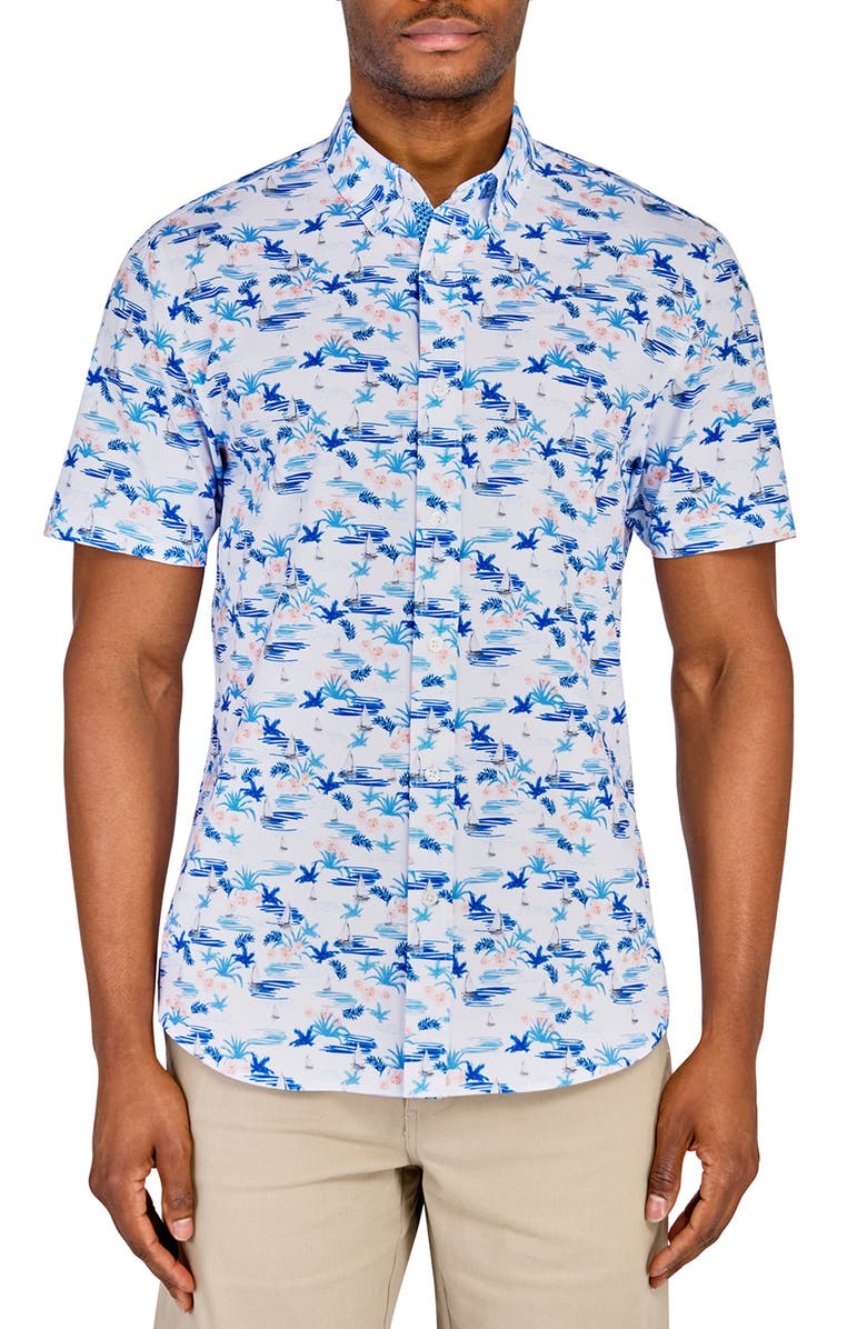 CONSTRUCT Slim Fit Circular Dot Geo Recycled 4-Way Stretch Performance Long Sleeve Shirt, Main, color, White/Blue