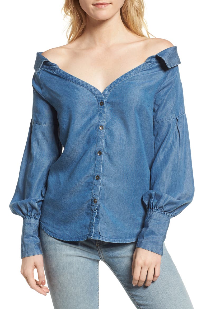 Off the Shoulder Chambray Top, Main, color, MED WASH