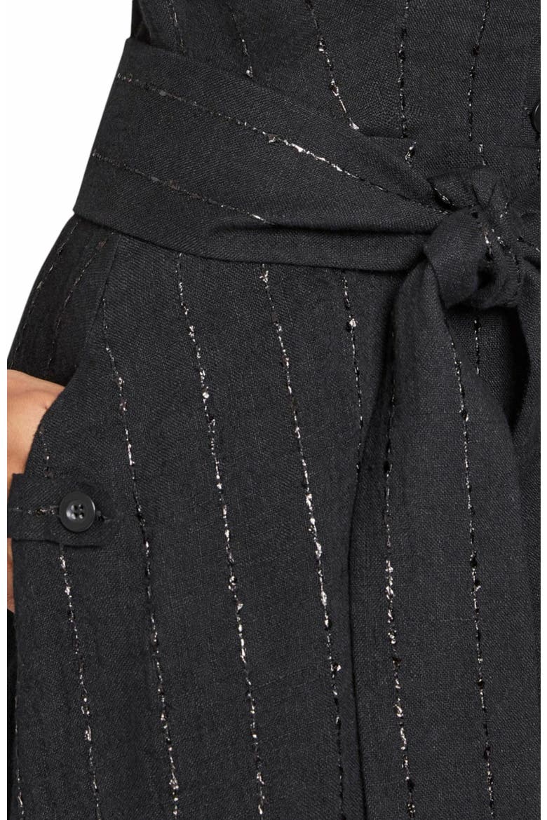 Nia Sleeveless Midi Dress with Asymmetric Hemline and Button Details in Metallic Striped Linen, Alternate, color, BLACK