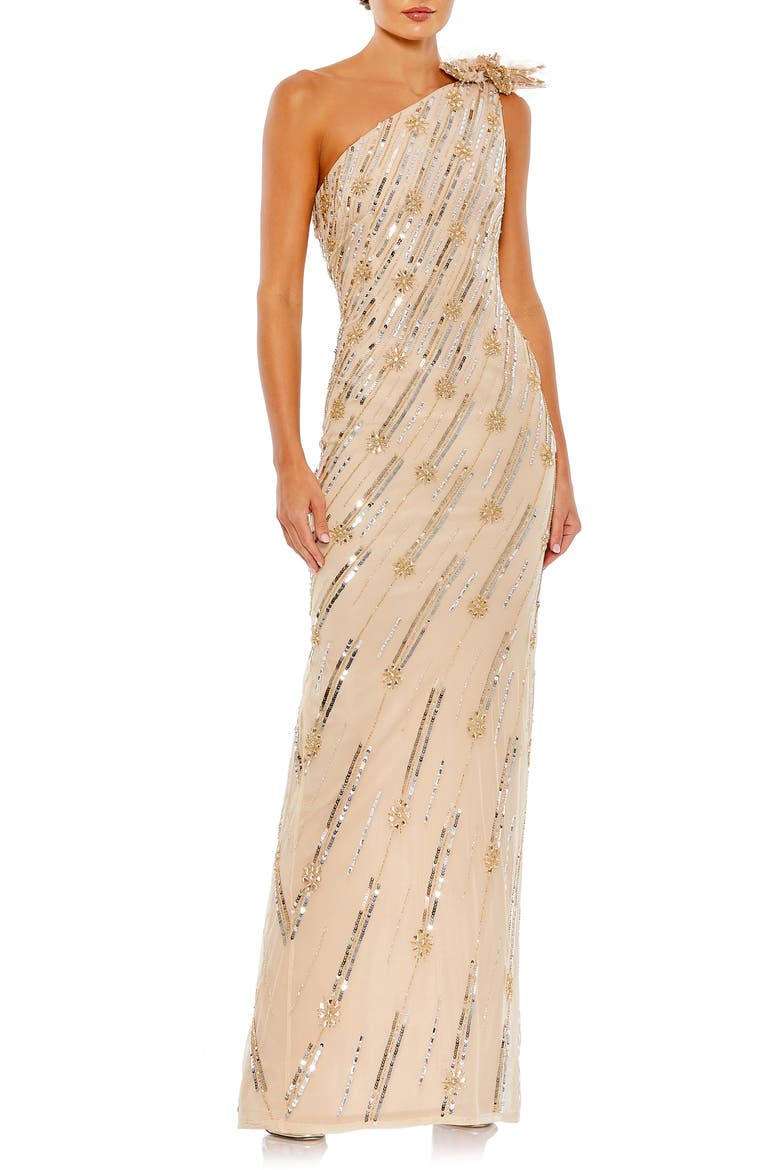 Embellished Floral Detail One Shoulder Gown, Main, color, NUDE GOLD