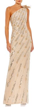 Mac Duggal Embellished Floral Detail One Shoulder Gown