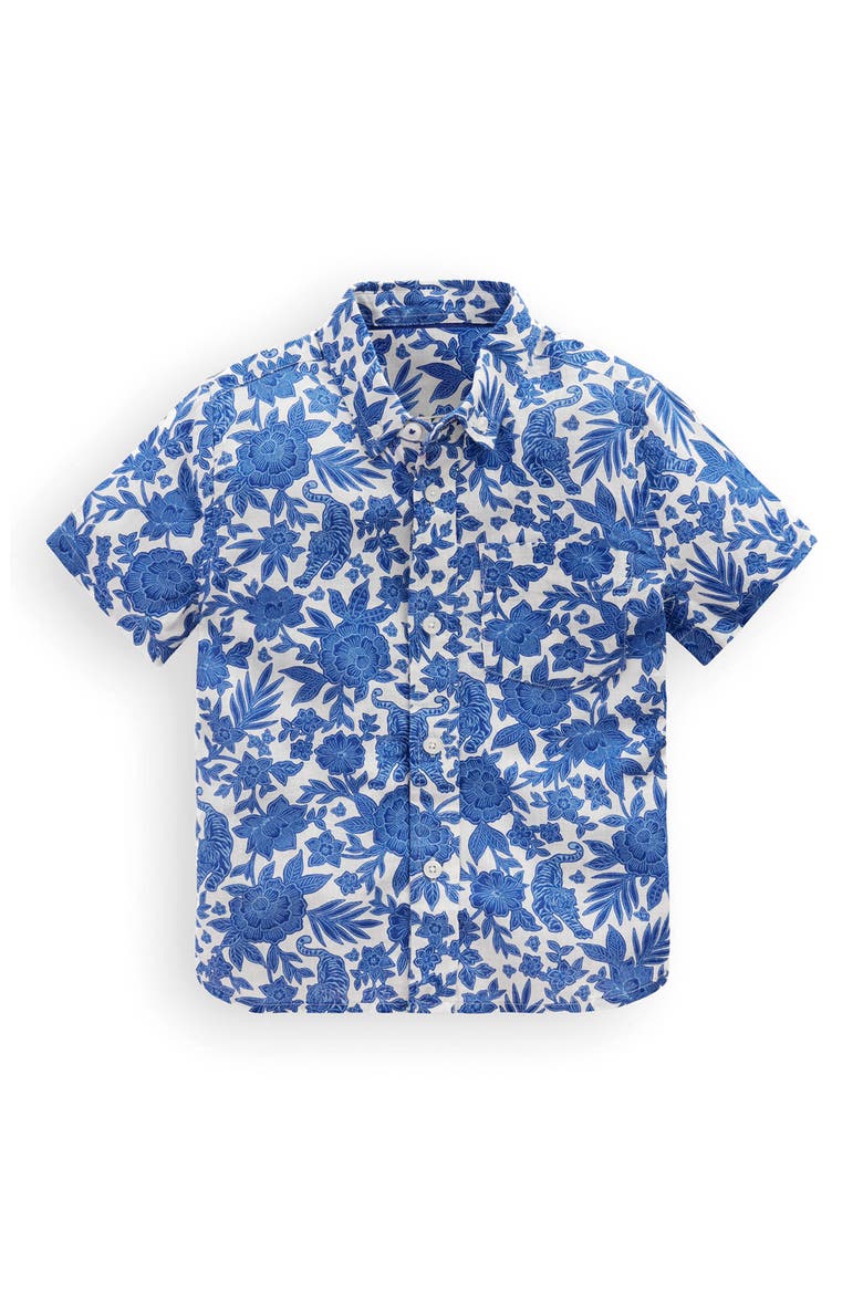 Kids' Print Short Sleeve Linen & Cotton Button-Down Shirt, Main, color, TIGER WOODBLOCK
