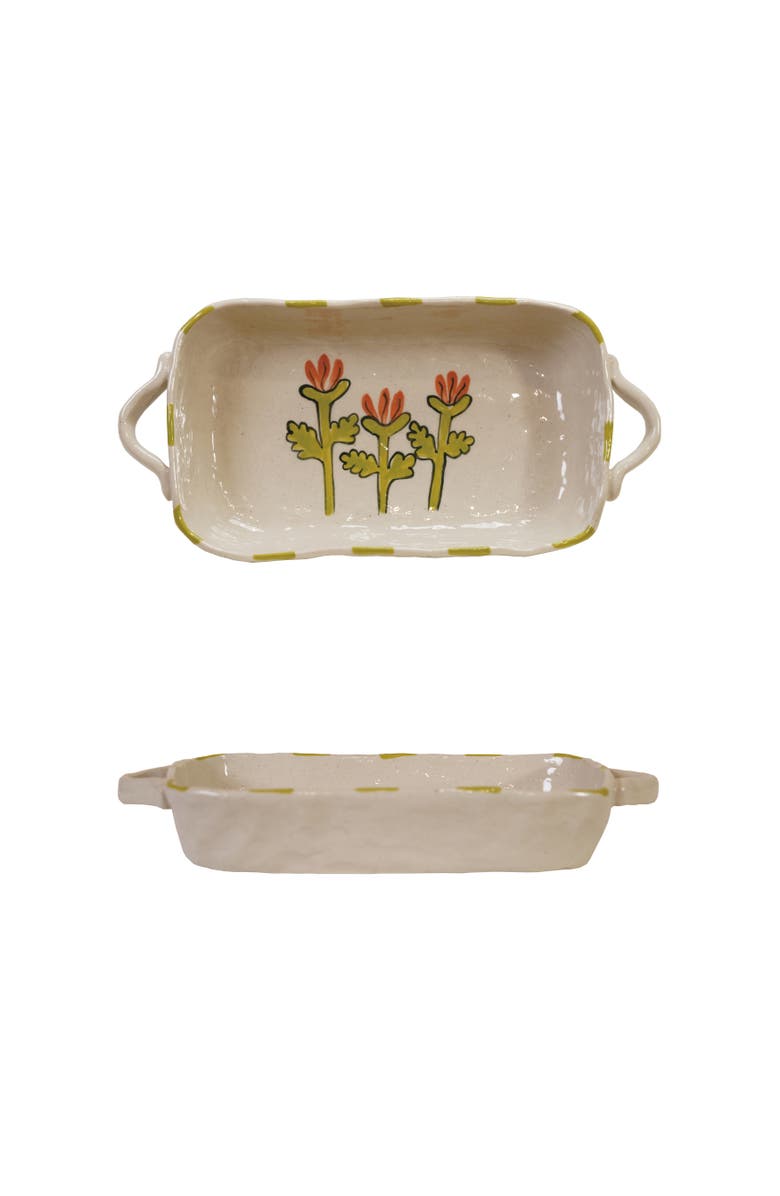 Storied Home 12-Ounce Hand-Painted Stoneware Organic Shaped Baker with Handles and Flower, Multicolor, Main, color, Cream
