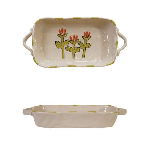 12-Ounce Hand-Painted Stoneware Organic Shaped Baker with Handles and Flower, Multicolor