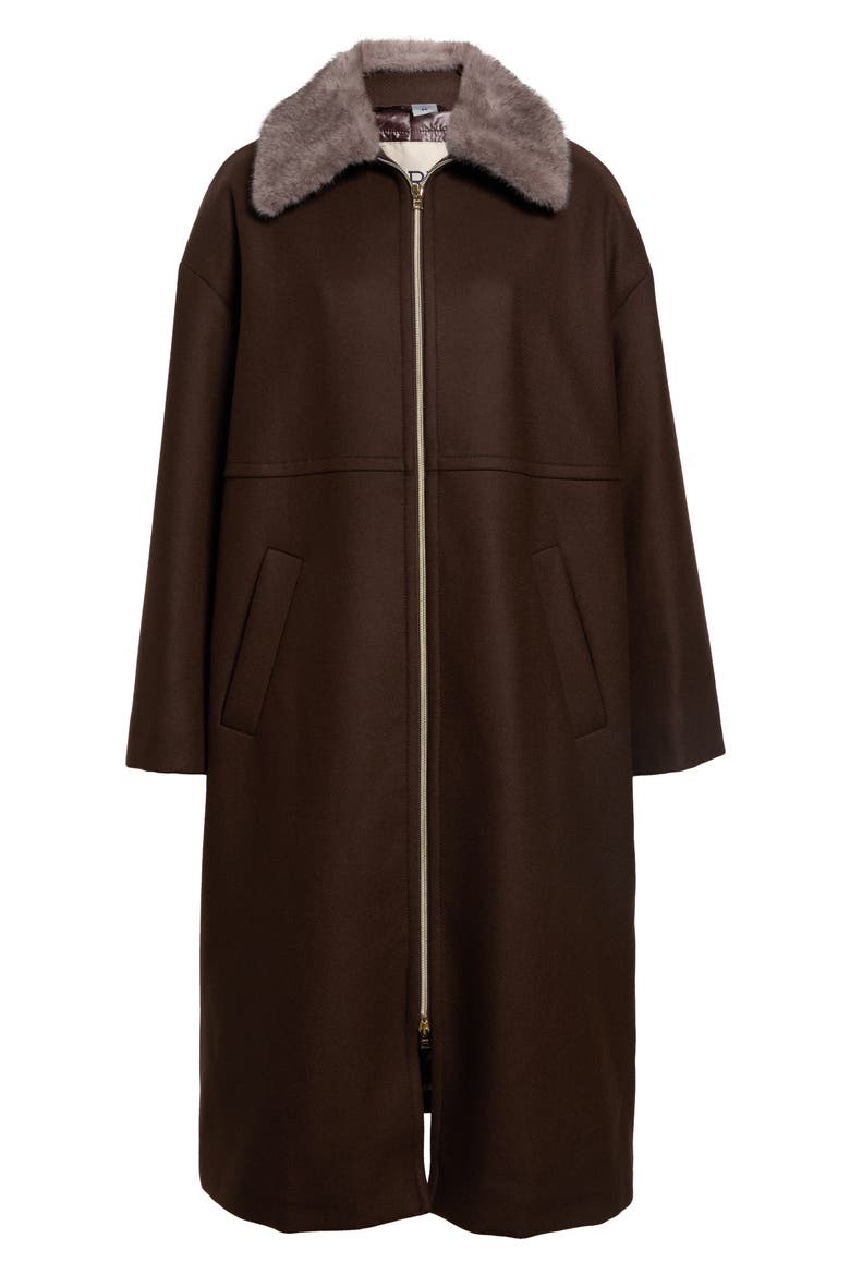 Faux Fur Collar Virgin Wool Blend Coat, Alternate, color, DARK BROWN