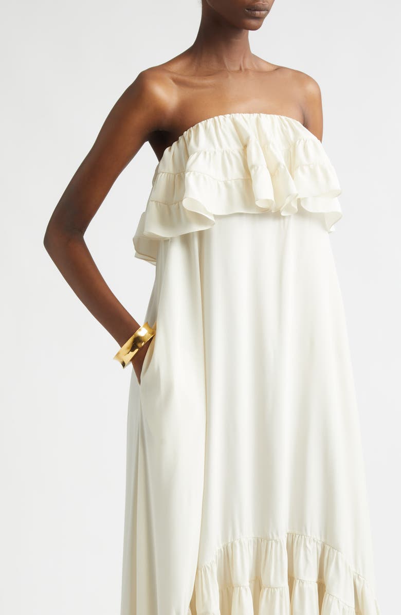 Saint Laurent Ruffled Strapless Silk Dress, Alternate, color, Craie