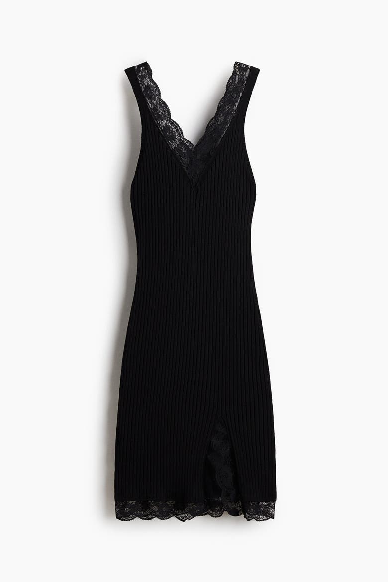 Lace-trimmed Rib-knit Dress, Alternate, color, Black