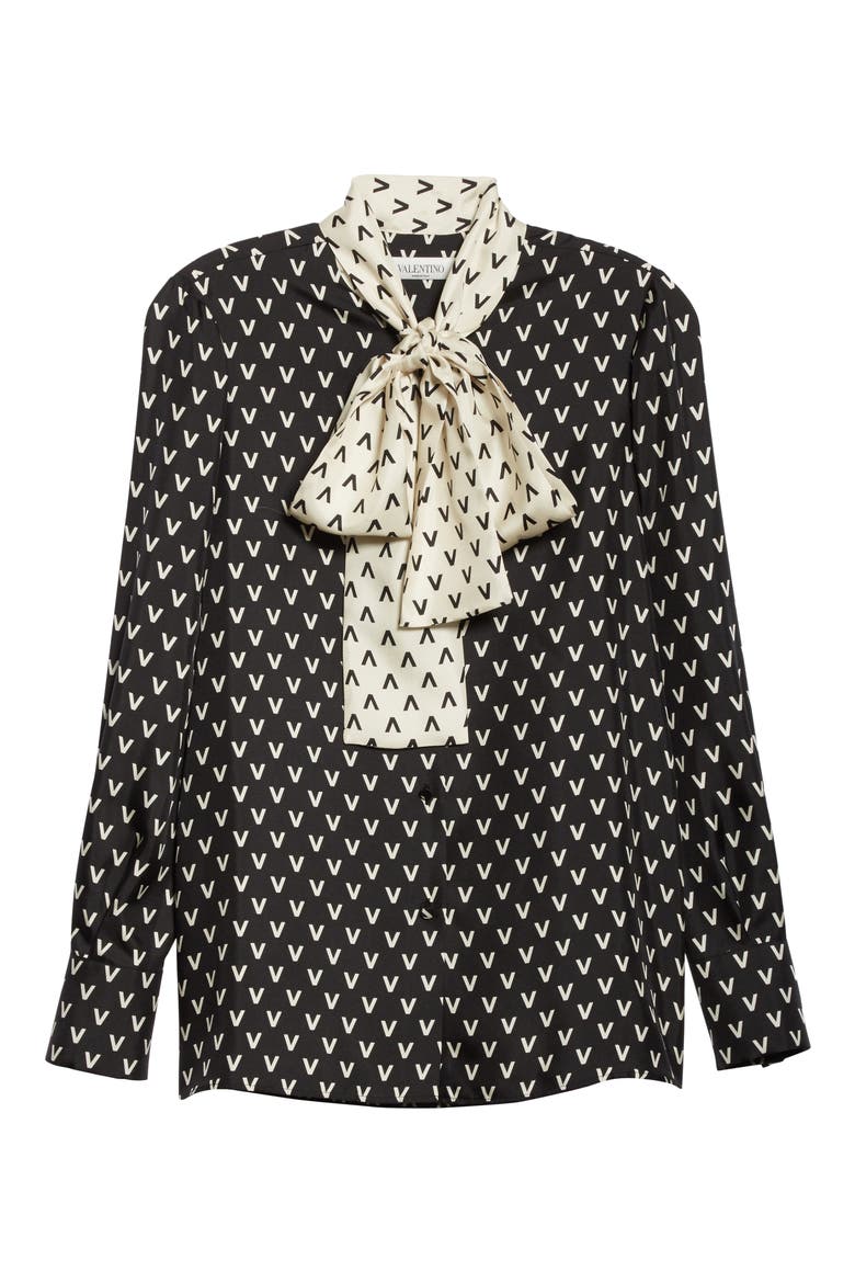 Logo Print Tie Neck Silk Blouse, Alternate, color, NERO/ AVORIO