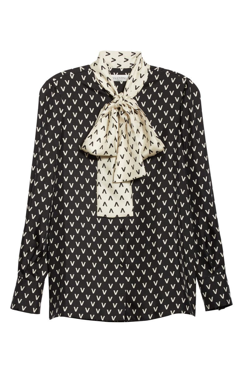 Valentino Logo Print Tie Neck Silk Blouse, Alternate, color, 