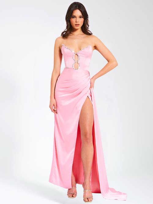 Miss Circle Women Marilyn Pink Satin Crystal Embellished High Slit Gown In Pink