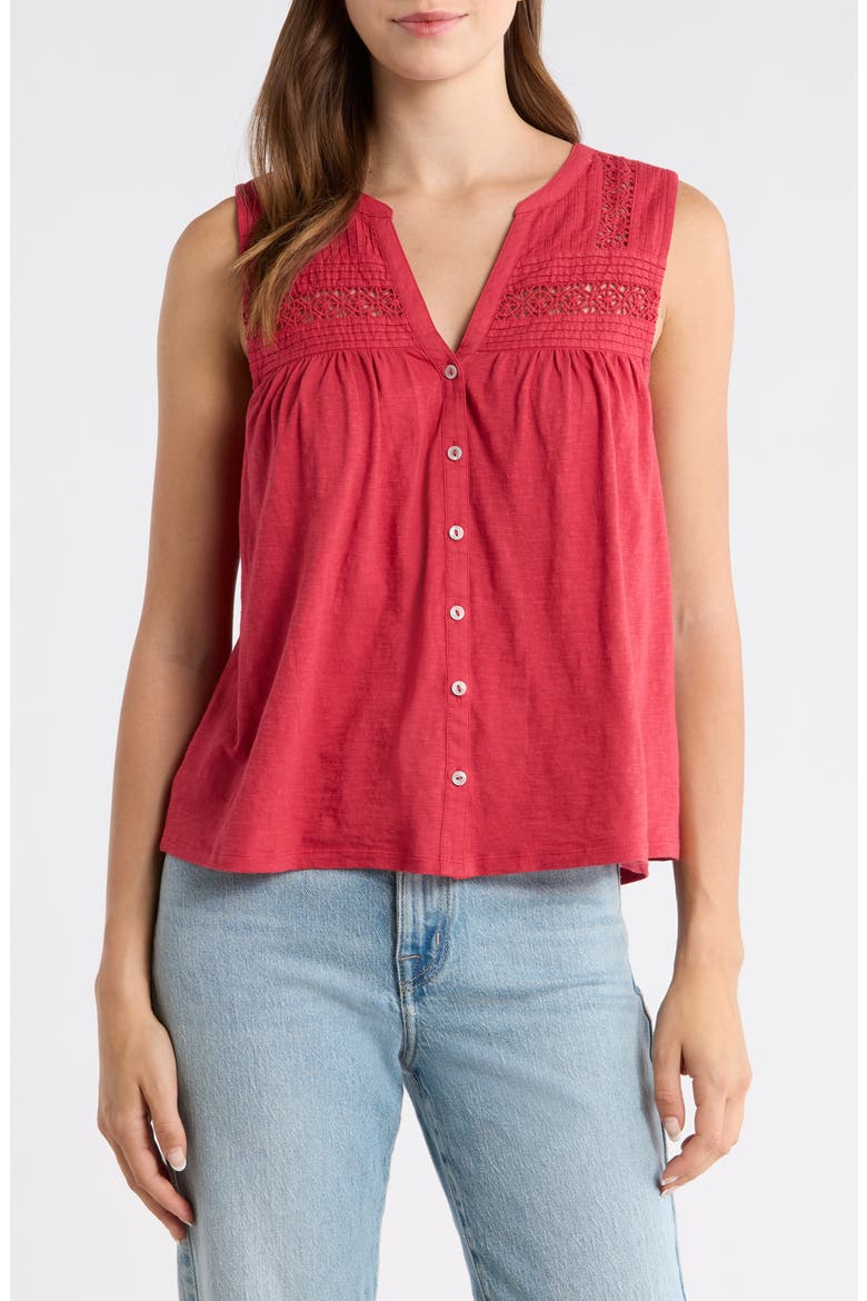 Lace Inset Cotton Button-Up Tank, Main, color, DEEP CLARET