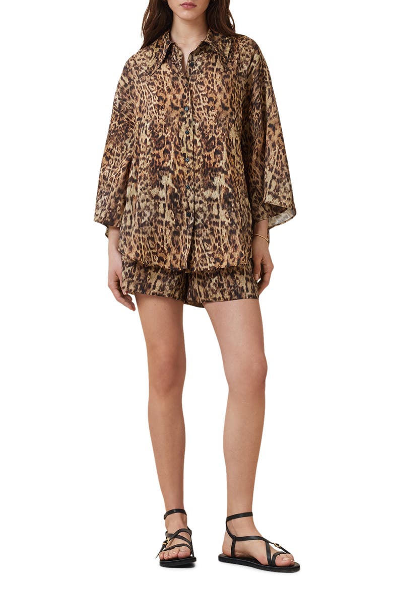 Charli Leopard Print Linen & Silk Button-Up Shirt, Alternate, color, EVIA GOLDEN BROWN