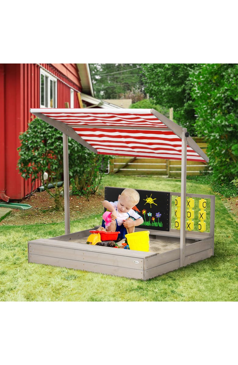Outsunny Kids Sandbox with Adjustable Canopy, Bench Seats & Chalkboard, Alternate, color, 