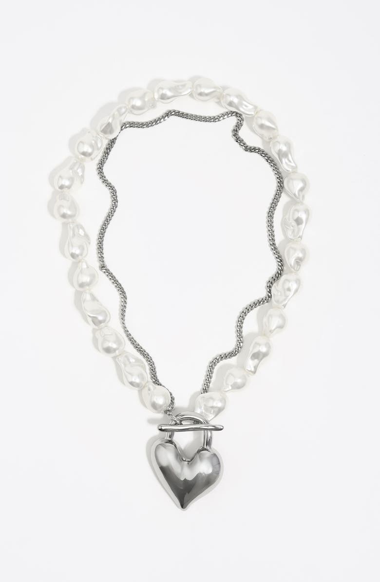 Bimba y Lola Padlock Heart And Pearl Necklace, Main, color, Dark Silver