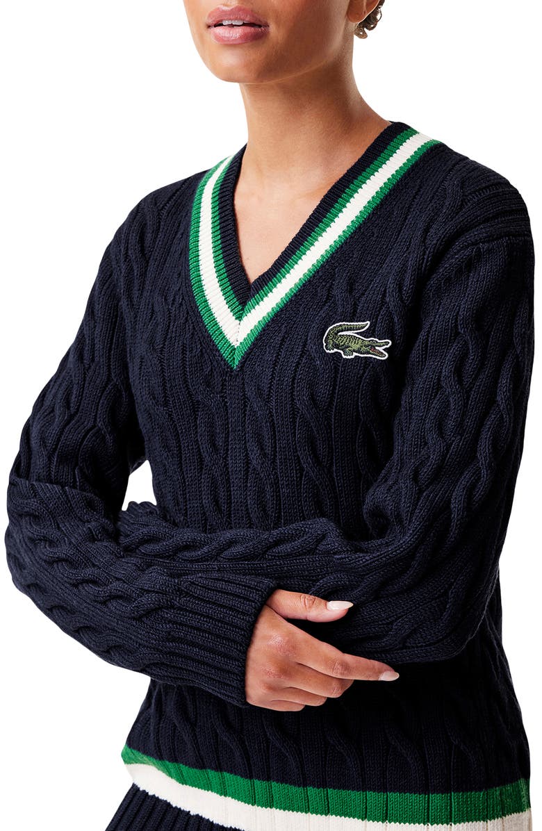 Lacoste Cable Knit Wool Blend Tennis Sweater, Alternate, color, Uj7 Navy Blue/ Rocket-White