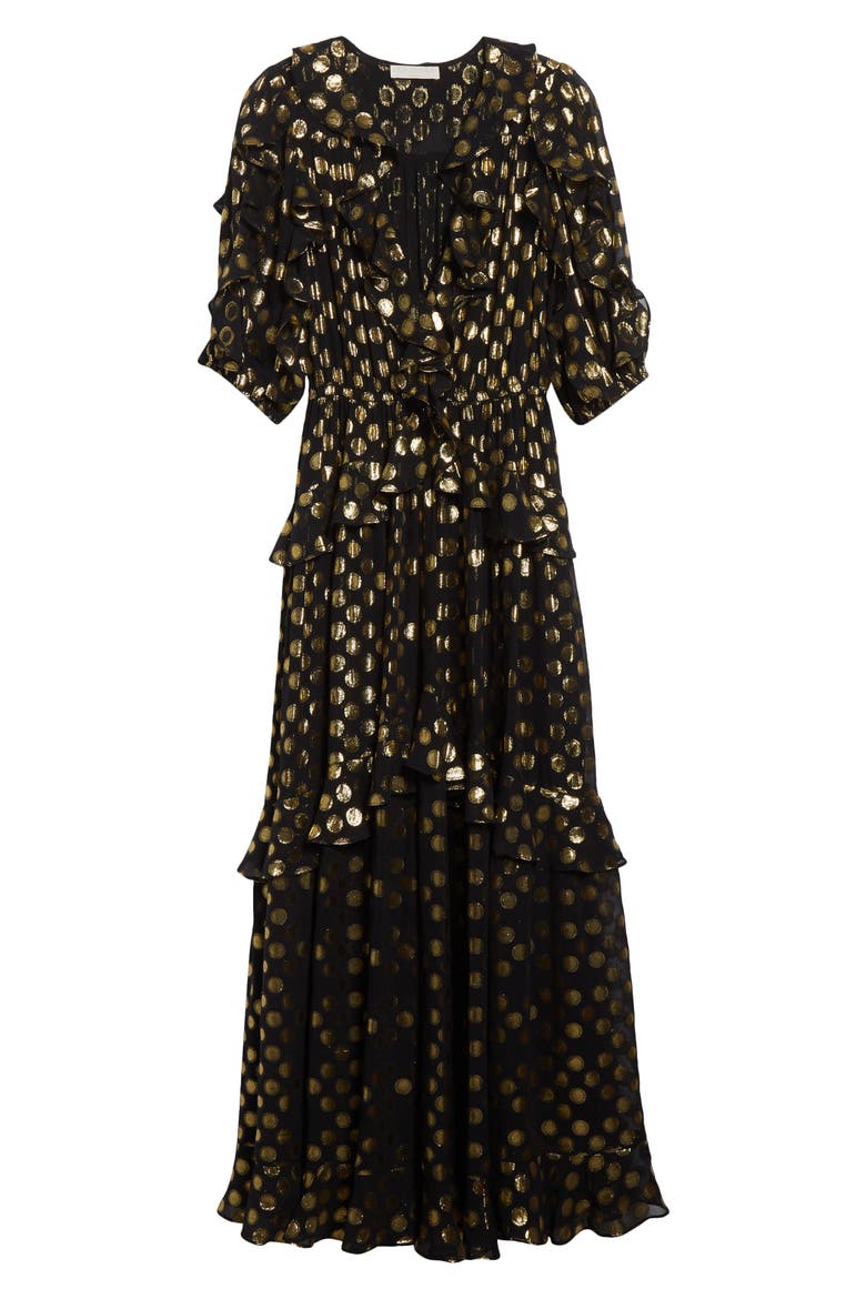 Tida Metallic Dot Silk Blend Dress, Alternate, color, OBSIDIAN