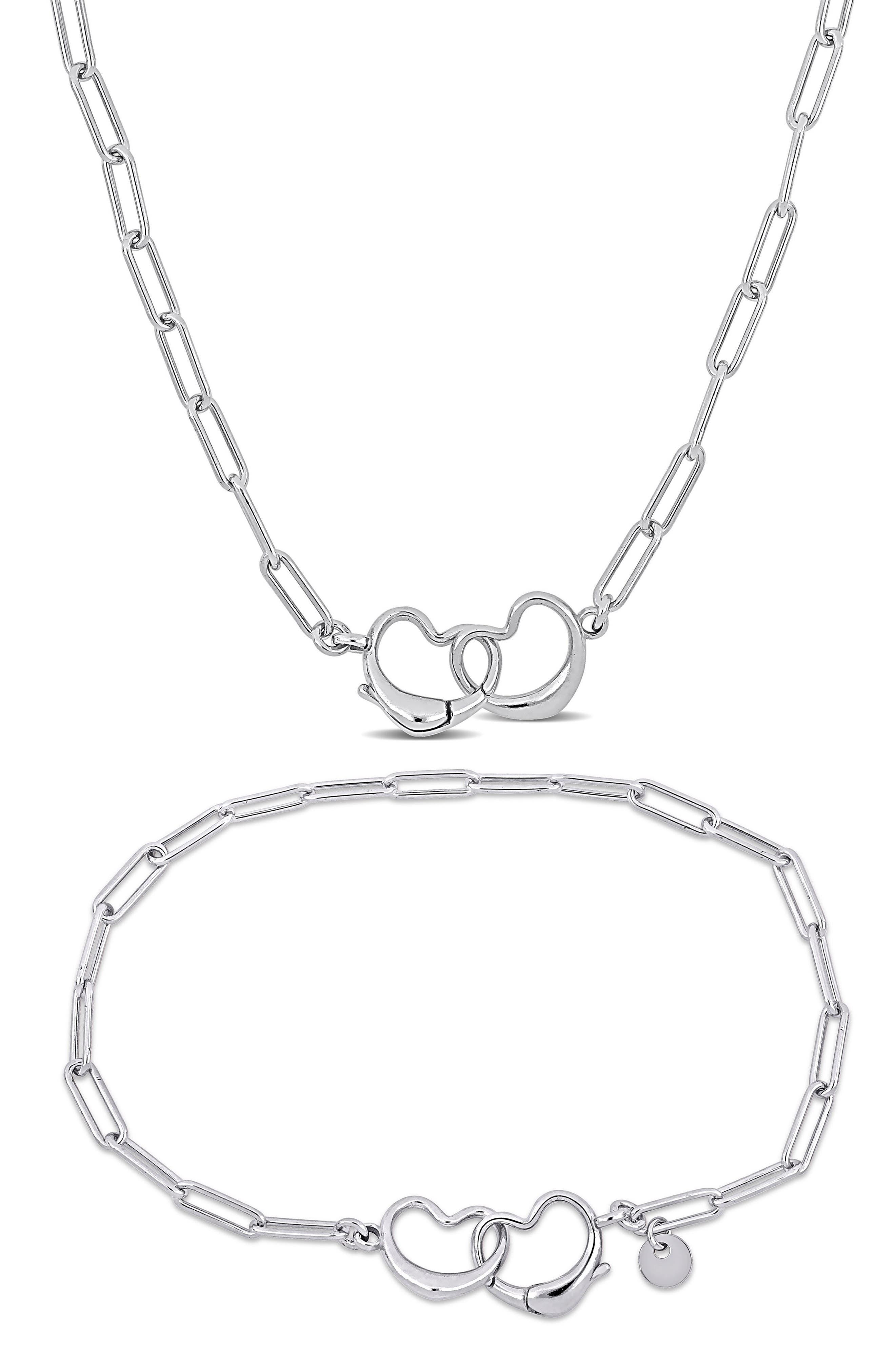 DELMAR Double Heart Paperclip Oval Link Chain Necklace & Anklet Set