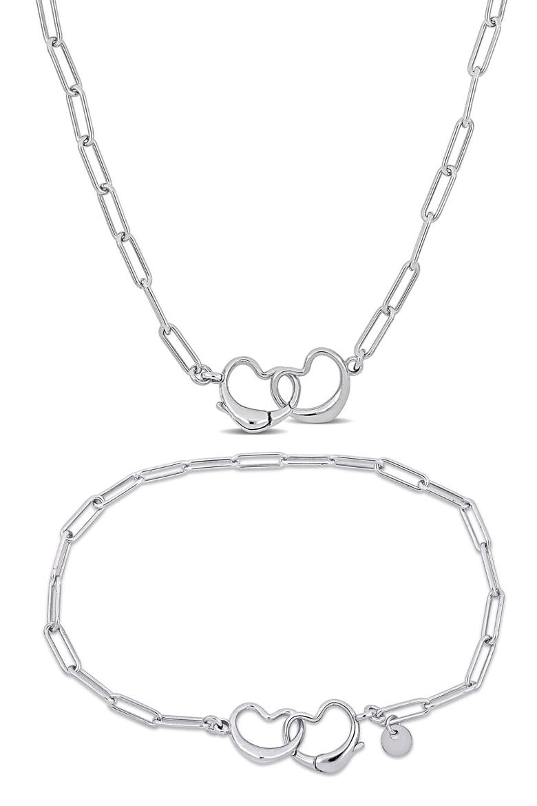 Double Heart Paperclip Oval Link Chain Necklace & Anklet Set, Main, color, SILVER