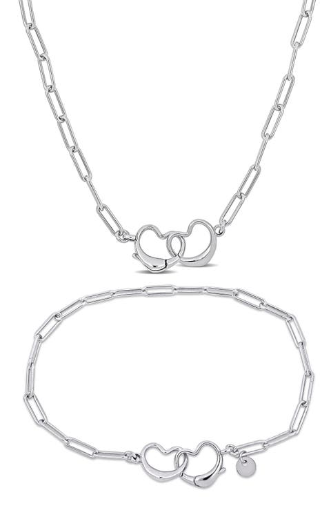 Double Heart Paperclip Oval Link Chain Necklace & Anklet Set