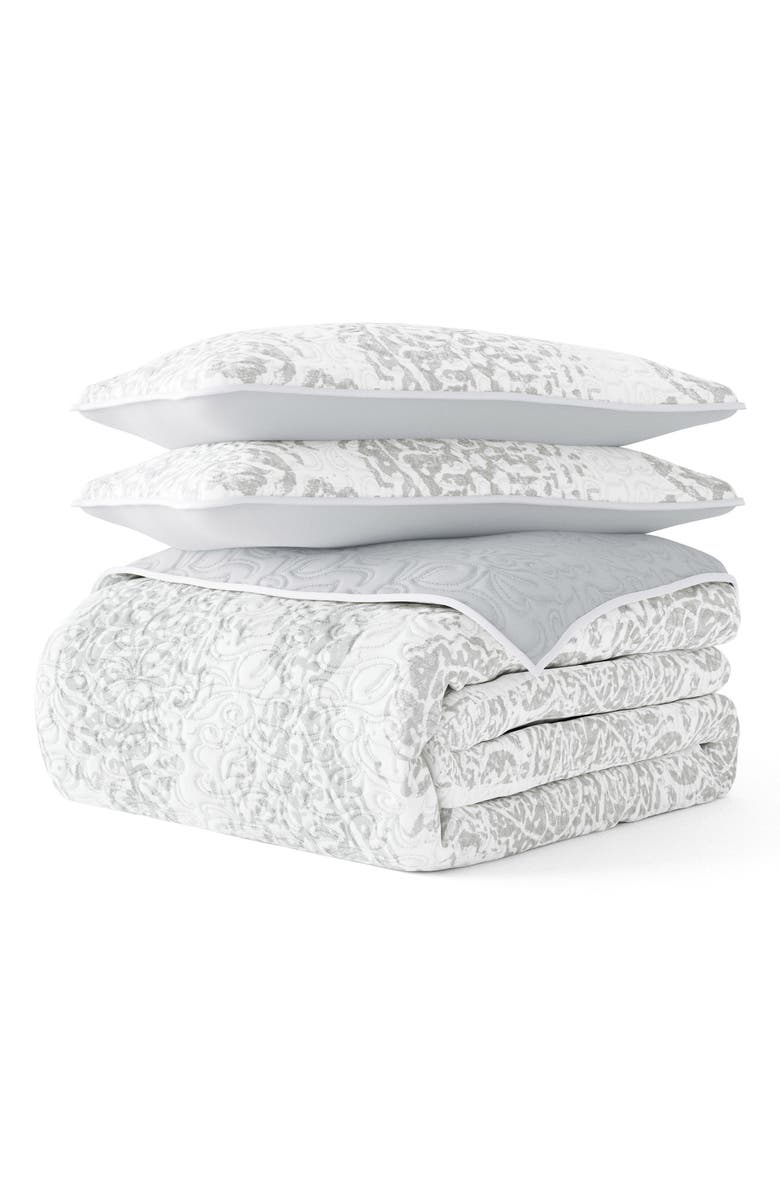 HOMESPUN All Season Distressed Damask Reversible Down Alternative Quilt & Sham Set, Main, color, Light Gray