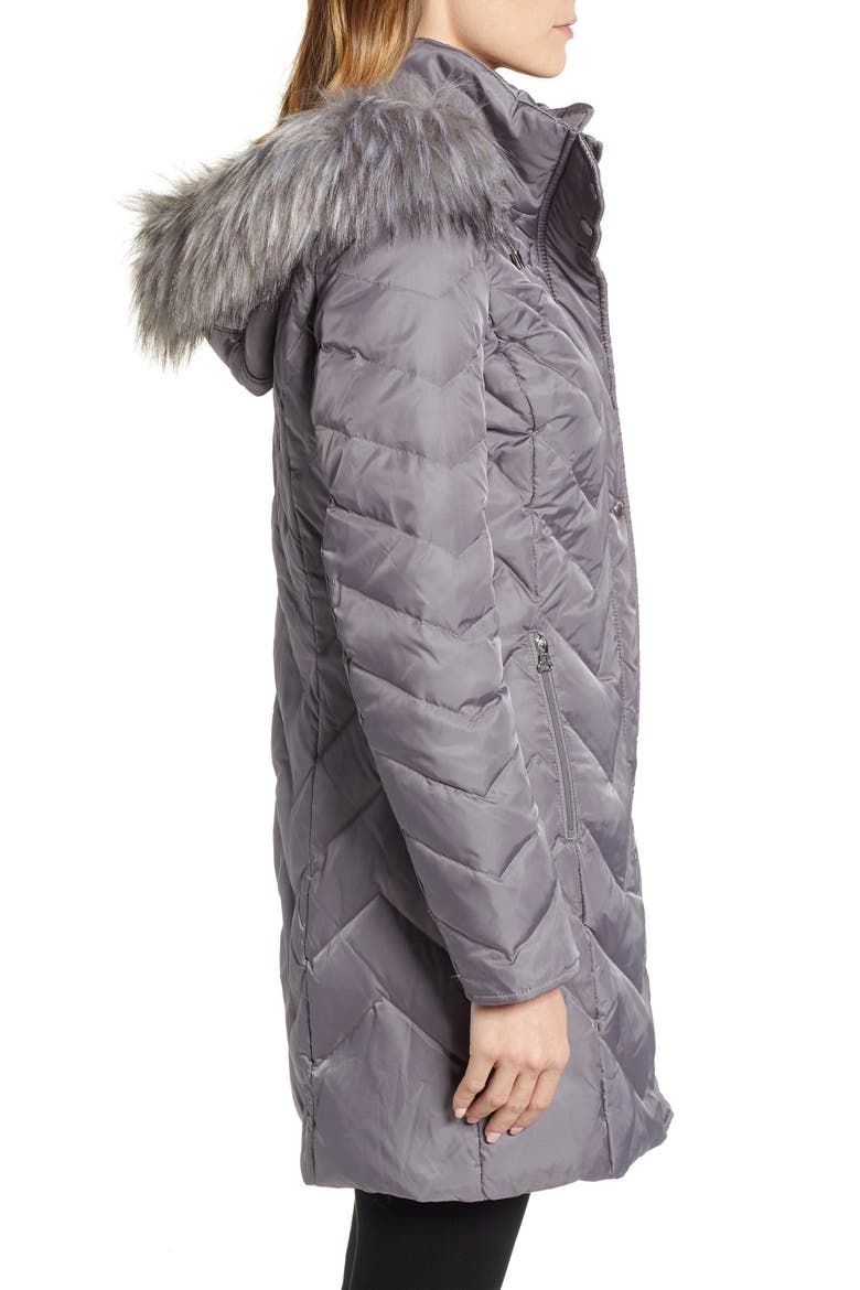 Matte Satin Chevron Faux Fur Trim Coat, Alternate, color, GREY