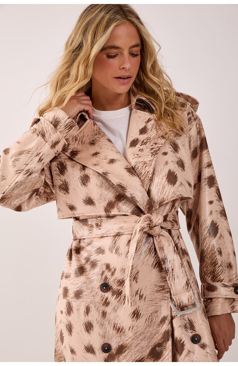 NASTY GAL Cow Print Faux Leather Trench Coat, Alternate, color, Cream