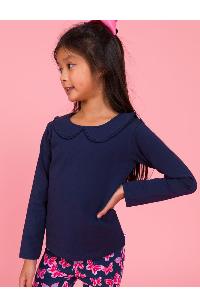 RuffleButts Knit Long Sleeve Ruffle Peter Pan Tee, Alternate, color, Dark Navy